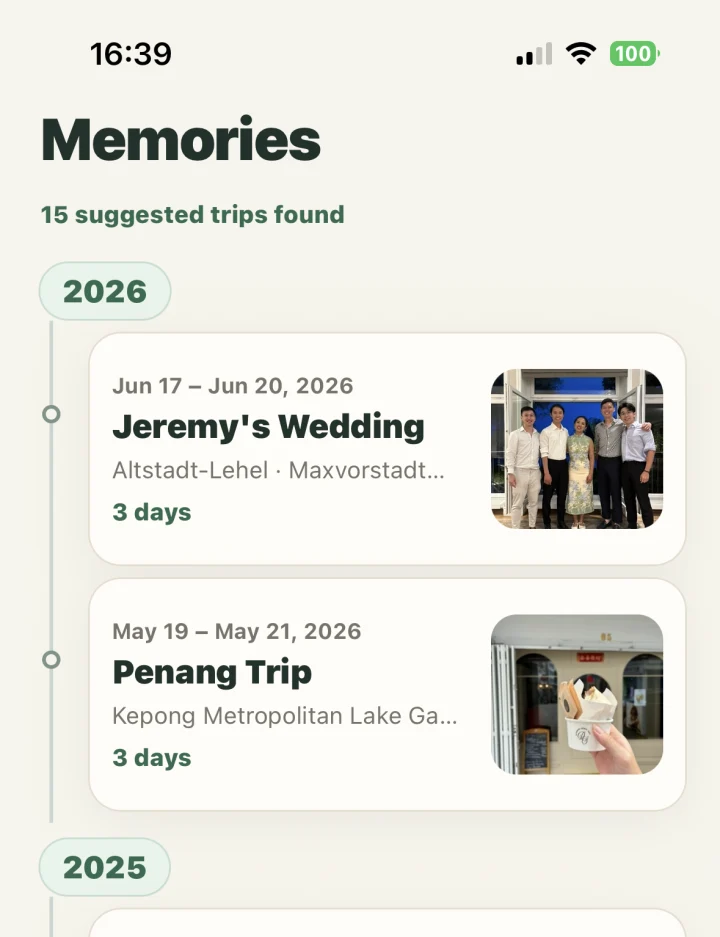 Travii’s Memories screen showing suggested trips grouped by year.