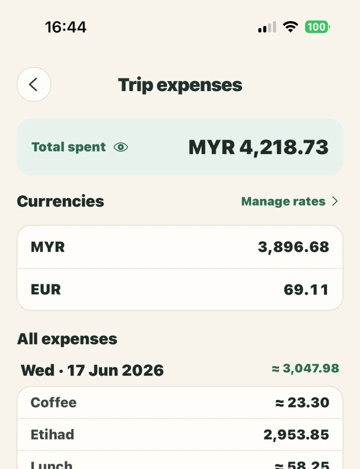 Travii trip expenses screen showing totals and expenses by day.
